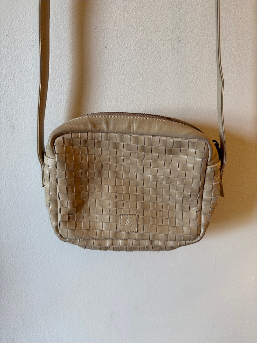 ABLE Woven Leather Crossbody Bag — Taupe